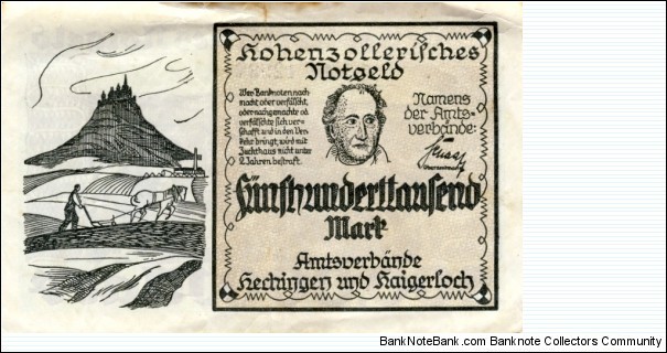 Hohenzolleriches Notgeld 500.000 Mark Banknote