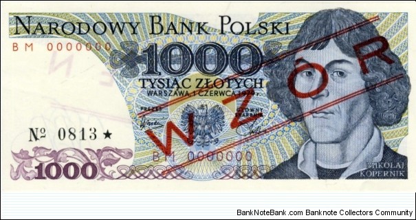 1000 Zlotych (Wzor) Specimen - Rare, Copernicus on obverse Banknote