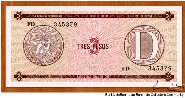 Cuba |
3 Pesos, ND | 
(Foreign Students Certificate) | 
Obverse: National Coat of Arms, Denomination | 
Reverse: Denomination, and Ornaments | Banknote