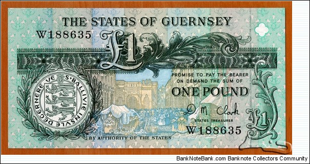 Guernsey | 
1 Pound, 1991 | 

Obverse: The Market, St Peter Port | 
Reverse: Daniel De Lisle Brock, Bailiff of Guernsey 1762-1842, The Royal Court, and Scene of St. Peter Port in 1840 | Banknote