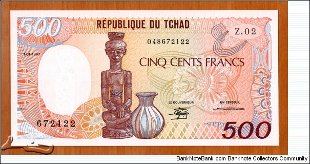 Chad | 
500 Francs, 1987 | 

Obverse: Figure carving and Jug | 
Reverse: Carver with his mask of art, Carved masks, shields and figures | 
Watermark: Figure carving | Banknote