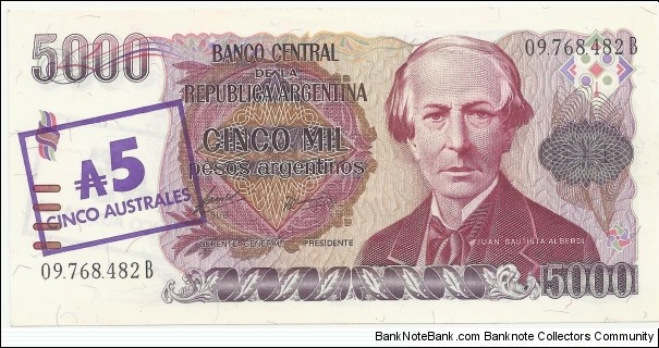 Argentina 5 Australes (5000 Pesos Argentinos) ND(1985) Banknote