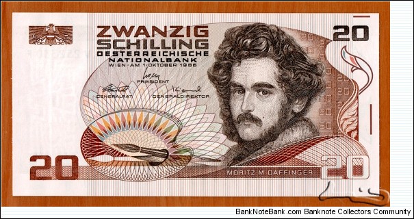 Austria | 
20 Schilling, 1986 | 

Obverse: Portrait of Moritz Michael Daffinger (1790-1849), was an Austrian miniature painter and sculptor | 
Reverse: Albertina Museum in Vienna | 
Watermark: Moritz M. Daffinger | Banknote