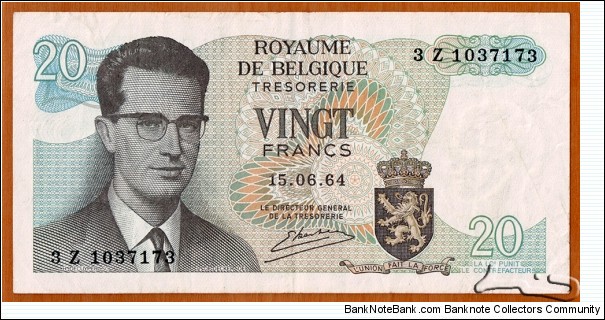 Belgium | 
20 Francs/Frank, 1964 | 

Obverse: King Baudouin (Boudewijn) I of Belgium wearing eyeglasses (1930-993), and National Coat of arms | 
Reverse: Atomium building in Brussels | 
Watermark: King Baudouin I | Banknote