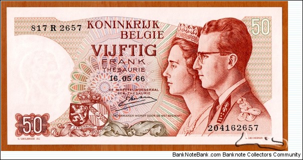 Belgium | 
50 Francs/Frank, 1966 | 

Obverse: King Baudouin (Boudewijn) I and Queen Fabiola of Belgium in profile, and National Coat of arms | 
Reverse: The Belgian Parliament Building in Brussels | 
Watermark: Effigy of King Baudouin in profile | Banknote