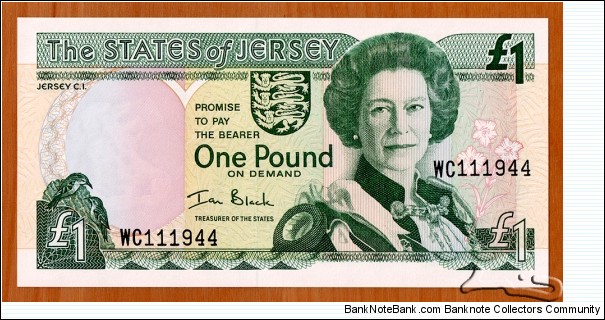 Jersey | 
1 Louis/Livre/Pound, 2000 | 

Front: Queen Elisabeth II, and Coat of Arms | 
Back: St. Helier Parish Church | 
Watermark: Head of Jersey cow | Banknote