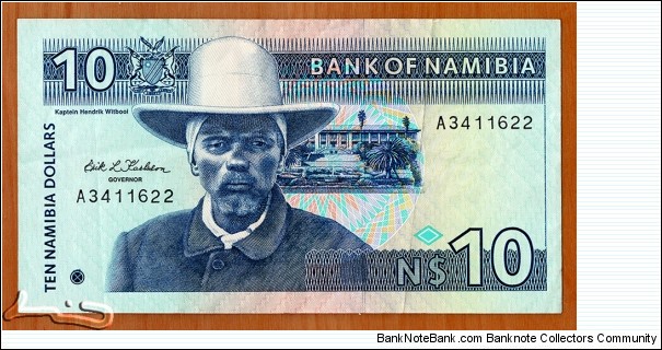 Namibia | 
10 Dollars, 1993 | 

Obverse: Hendrik Witbooi (c. 1830-1905) (a.k.a. ǃNanseb gaib ǀGâbemab (the captain who disappears in the grass)) was a chief of the ǀKhowesin people, Parliament building in Windhoek, and Namibian Coat of Arms | 
Reverse: Springbok antelopes (Antidorcas marsupialis), and Namibian flag | 
Watermark: Chief Hendrik Witbooi | Banknote