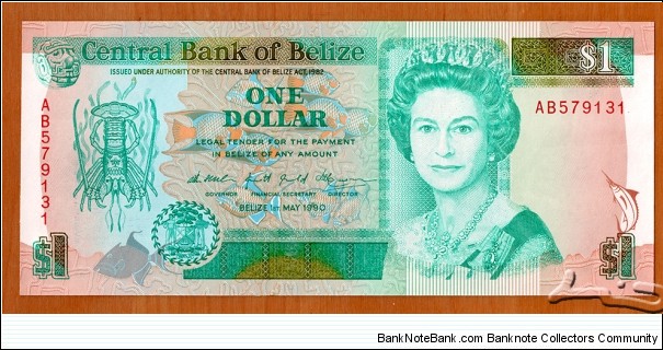 Belize |
1 Dollar, 1990 | 

Obverse: Queen Elisabeth II, Caribbean spiny lobster, and National Coat of Arms | 
Reverse: Reverse: Marine life of Belize |  | 
Watermark: Carved head of the Sleeping Giant | Banknote