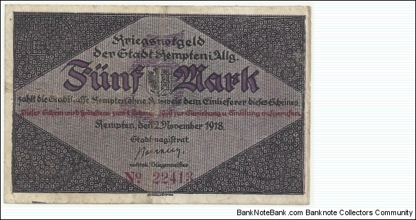 Germany-Kriegsnotgeld 5 Mark 1918-Stadt Kempten Banknote