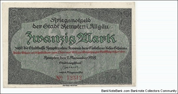 Germany-Kriegsnotgeld 20 Mark 1918-Stadt Kempten Banknote