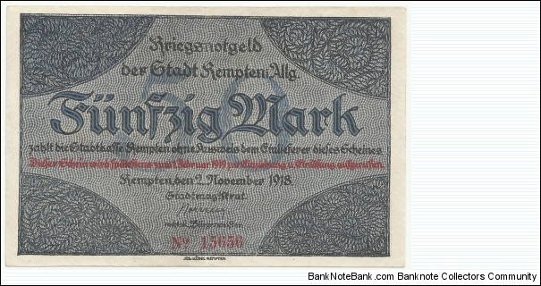 Germany-Kriegsnotgeld 50 Mark 1918-Stadt Kempten Banknote