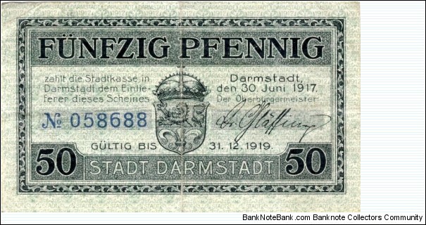 50 Pf. Notgeld city of Darmstadt Banknote