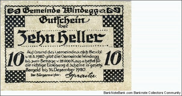 10 Heller Windegg Notgeld Banknote