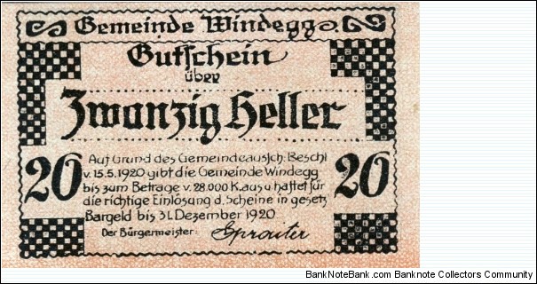 20 Heller Windegg Notgeld Banknote