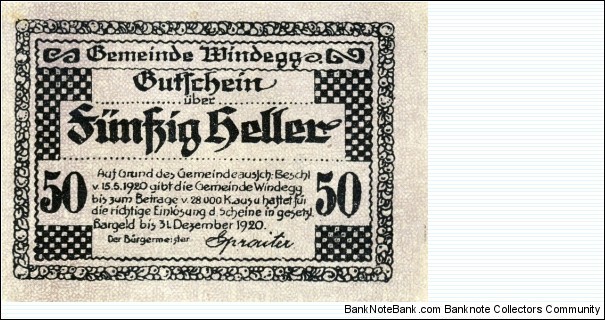 50 Heller Windegg Notgeld Banknote