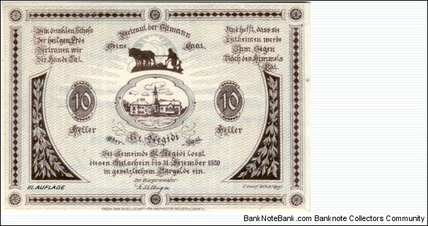 10 Heller St. Aegidi Notgeld Banknote