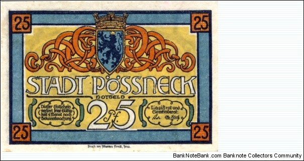 25 Pfennig Notgeld Possneck Banknote