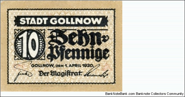 10 Pf. Notgeld Gollnow/Goleniów Banknote