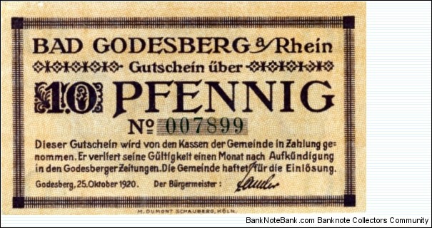 10 Pfennig Notgeld Bad Godesberg Banknote