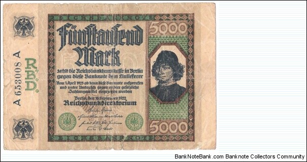 5000 Mark(Weimar Republic 1922)  Banknote