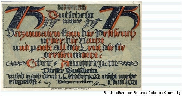 75 Pfennig - Ober-Ammergau Notgeld Banknote