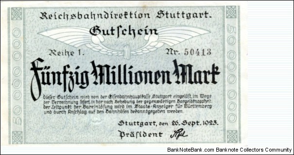 Reichsbahndirektion Stuttgart - 50000000 Mark Banknote