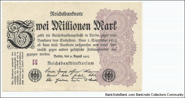 Germany Weimar 2 Million Mark 1923 Banknote