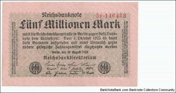 Germany Weimar 5 Million Mark 1923 Banknote