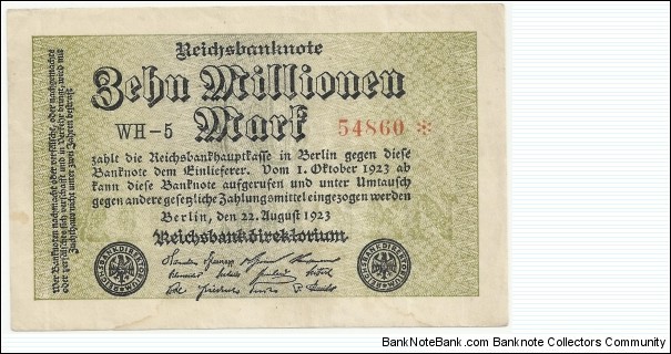 Germany Weimar 10 Million Mark 1923 (diff serial number-2) Banknote
