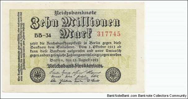 Germany Weimar 10 Million Mark 1923 (diff serial number-3) Banknote