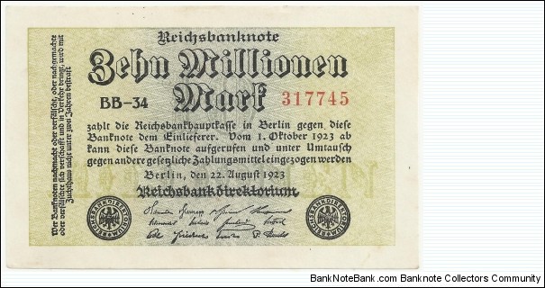Germany Weimar 10 Million Mark 1923 (diff serial number-3) Banknote