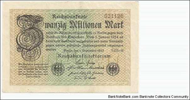 Germany Weimar 20 Million Mark 1923 (diff serial number-3) Banknote