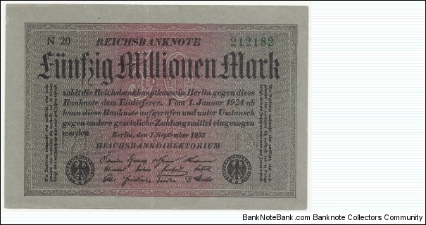 Germany Weimar 50 Million Mark 1923 (diff paper) Banknote