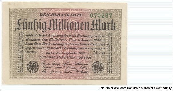 Germany Weimar 50 Million Mark 1923 (diff serial number-1) Banknote