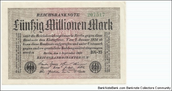 Germany Weimar 50 Million Mark 1923 (diff serial number-2) Banknote