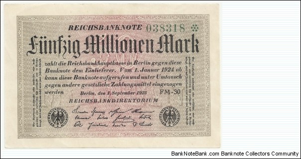 Germany Weimar 50 Million Mark 1923 (diff serial number-4) Banknote