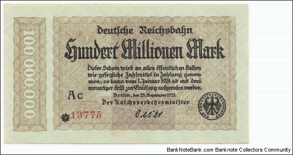 Germany Weimar 100 Million Mark 1923 Banknote
