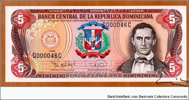 Dominican Republic | 
5 Pesos, 1996 | 

Obverse: Effigy of Francisco del Rosario Sánchez (1817-1861) – one of the Founding Fathers, and the Seal of the Central Bank of the Dominican Republic | 
Reverse: Hydroelectric dam and Irrigation |  Banknote