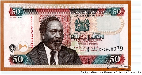 Kenya | 
50 Shillings, 2010 | 

Obverse: The First President of Kenya Mzee Jomo Kenyatta, and National Coat of Arms | 
Reverse: Mombasa Tusks, Caravan of nomads with dromedary camels | 
Watermark: Head of a lion and denomination | Banknote