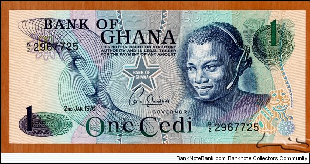 Ghana | 
1 Cedi, 1976 | 

Obverse: Bust of a youth with a slingshot | 
Reverse: Man cutting cocoa pods from tree | 
Watermark: Eagle's head with a star |  Banknote