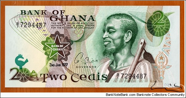 Ghana | 
2 Cedis, 1977 | 

Obverse: Bust of a young man with a hoe | 
Reverse: Workers in field | 
Watermark: Eagle's head with a star | Banknote