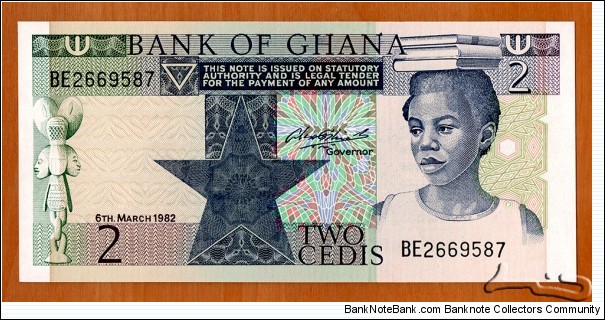 Ghana | 
2 Cedis, 1982 | 

Obverse: Wood carved statuette, and School girl | 
Reverse: Workers tending plants | 
Watermark: Eagle's head with a star | Banknote