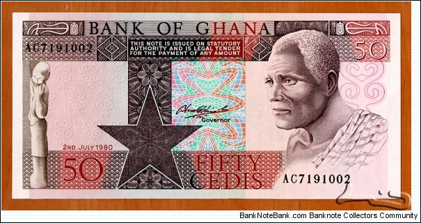 Ghana | 
50 Cedis, 1980 | 

Obverse: Wood carved statuette, and African man | 
Reverse: Workers splitting cacao pods | 
Watermark: Eagle's head with a star | Banknote