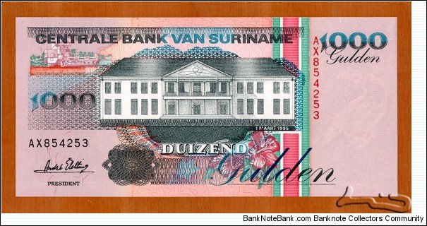 Suriname | 
1,000 Gulden, 1995 | 

Obverse: Factory, and Building of the Central Bank | 
Reverse: , Red-billed white-throated Toucan, and Coat of Arms | 
Watermark: Red-billed white-throated Toucan | Banknote