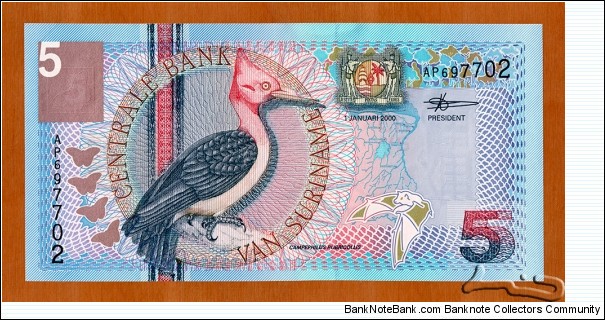 Suriname | 
5 Gulden, 2000 | 

Obverse: Red-necked Woodpecker, A map of Suriname, Coat of Arms, and A Vampire Bat | 
Reverse: Giant Granadilla, and Building of the Central Bank | 
Watermark: Building of the Central Bank | Banknote