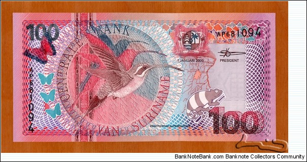 Suriname | 
100 Gulden, 2000 | 
Obverse: Eastern Long-tailed Hermit, Butterflies, and a Chameleon, and Coat of Arms | 
Reverse: Frangipani, Plumiera, and Building of the Central Bank of Suriname | 
Watermark: Building of the Central Bank | Banknote