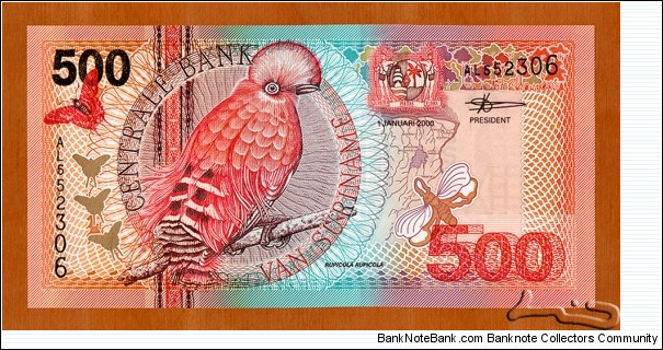 Suriname | 
500 Gulden, 2000 | 

Obverse: Guianan cock-of-the-rock, Butterflies, and A beetle | 
Reverse: Mandevilla splendens flower, and Building of the Central Bank of Suriname | 
Watermark: Building of the Central Bank | Banknote