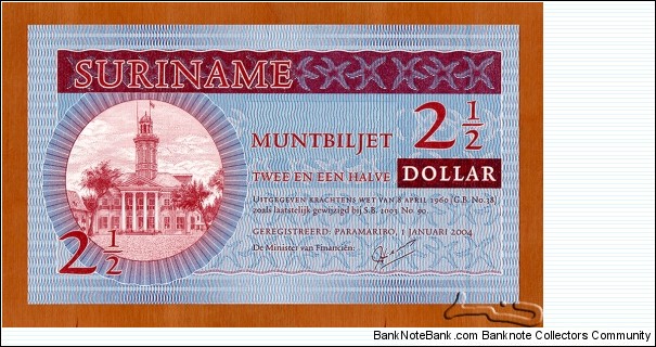 Suriname | 
2½ Dollar/Dalla, 2004 | 

Obverse: High Court (former Ministry of Finance) with white clock tower on Independence Square in Paramaribo | 
Reverse: Ornamental pattern design | Banknote