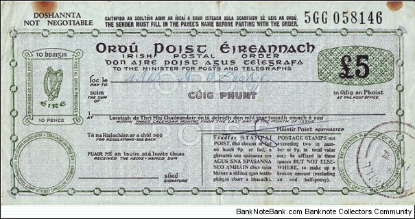 Ireland 1981 5 Pounds postal order.

Issued at Youghal (County Cork). Banknote