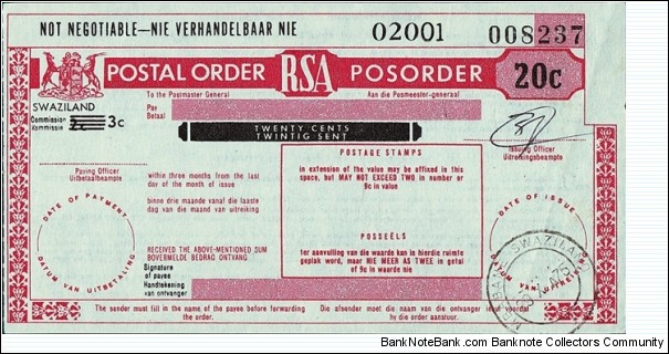 Swaziland 1975 20 Cents postal order.

Issued at Mbabane. Banknote